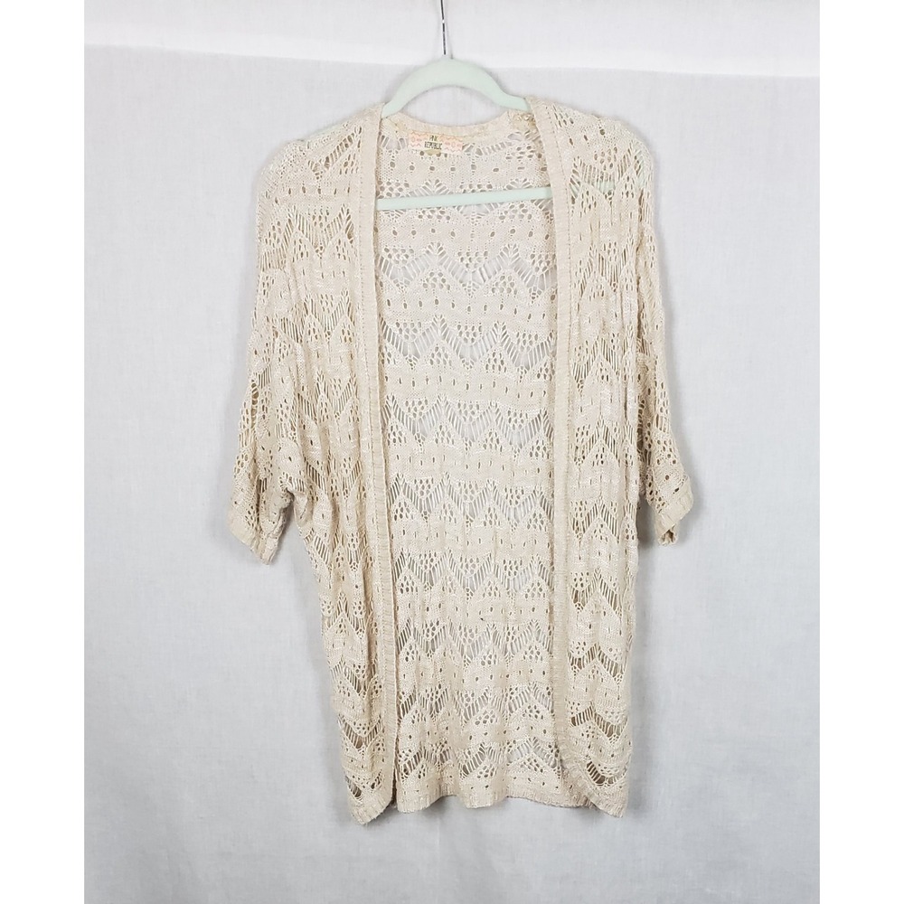 Pink Republic Crochet Knit Open Front L Beige Cardigan‎ Sweater Boho Festival